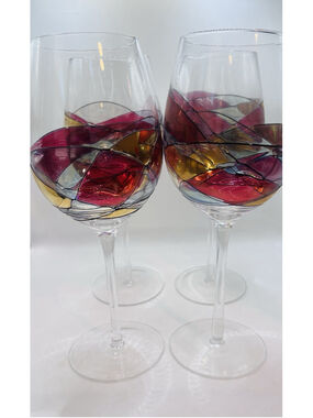 Set of (4) Cornet Barcelona Sagrada Handpainted Art Goblet Wine Glasses Red Gold